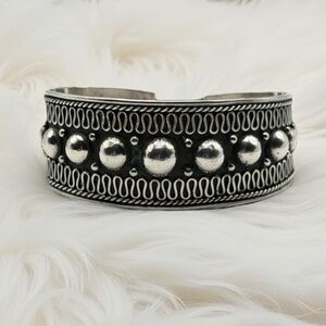 Vintage 925 Sterling Silver Wide Cuff Bead Bracelet –Oxidized - Adjustable ~7”